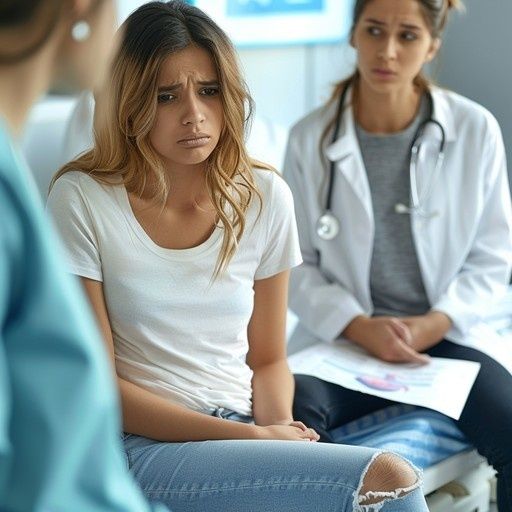 Besorgte junge Patientin sitzt neben einer Ärztin im Behandlungsraum